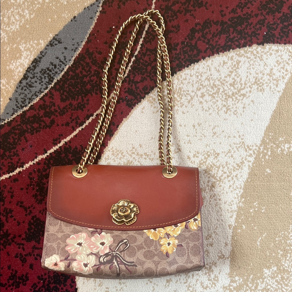 Coach Brown and Tan Floral Shoulder Bag